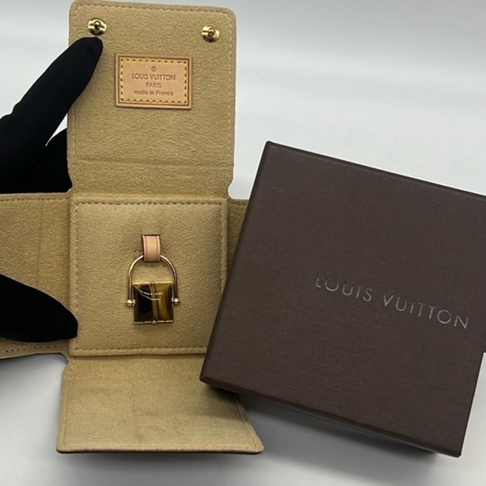 Louis Vuitton NWB Vintage 18K Yellow Gold Tiger Eye Padlock Shaped Pendant